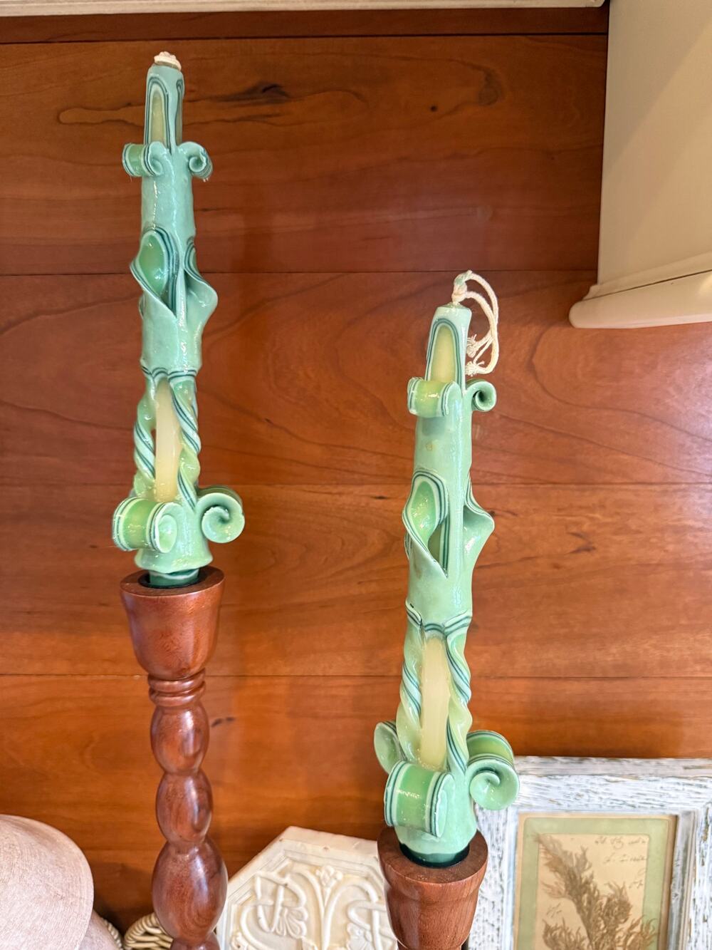 Hand Carved Ribbon Curl Candle Stick Tapers Mint Green Cream